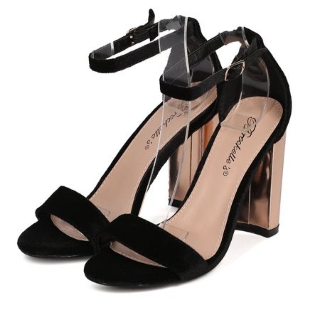 Breckelles Open Toe Velvet Ankle Strap Chunky Metallic Heels